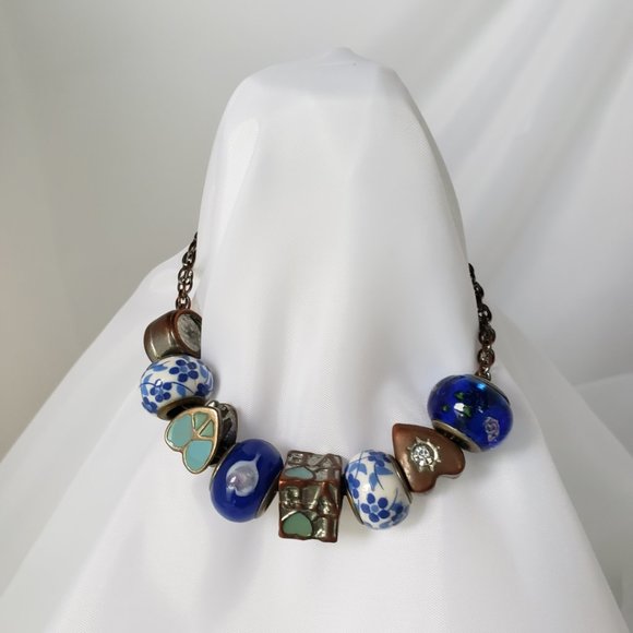 Unique Charms Hearts Glass Porcelain Love Rhinestone Beads Chain Bracelet 7.5 " - Picture 2 of 11